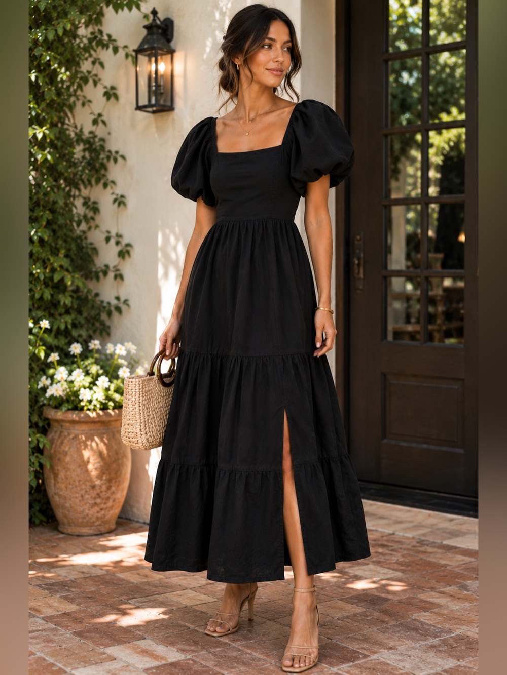 ASTR The Label Black Puff Sleeve Square Neck Tiered Midi Dress XS
